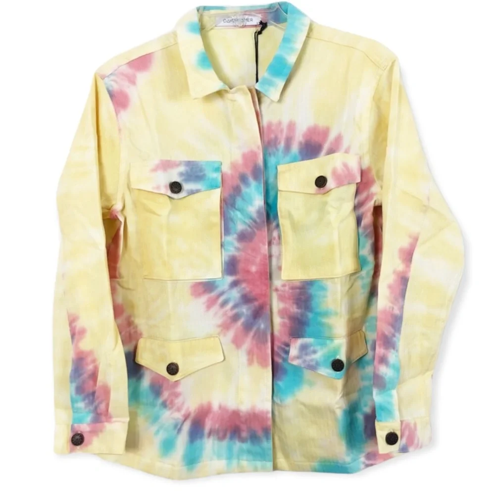 DAYDREAMER Tie Dye Jacket Snow Cone Denim White Rainbow Swirl Patch Pockets NWT